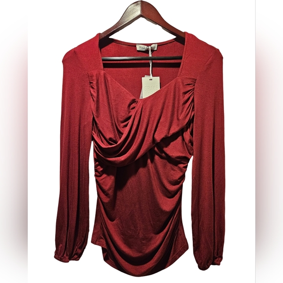 NWT Grace Karin Ruched Comfy Casual Long Sleeve Square V-Neck Top. Wine. Small - Picture 4 of 7